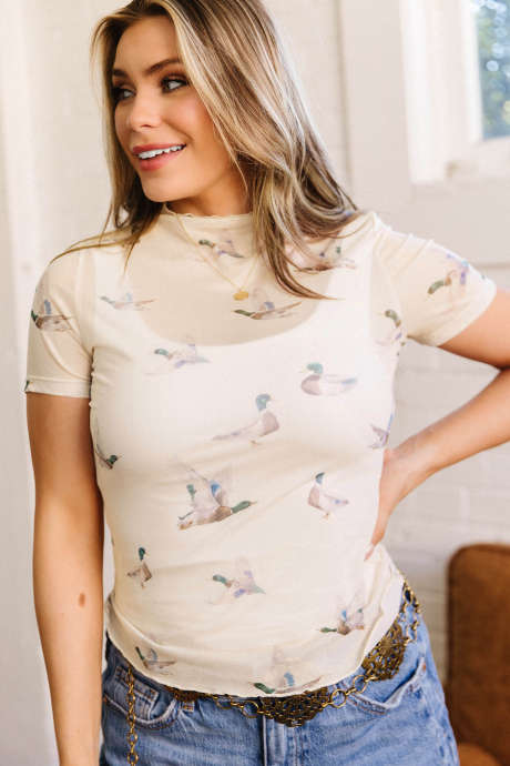 Beige Mallard Sheer Mesh Short Sleeve Top LC25137746-P1520