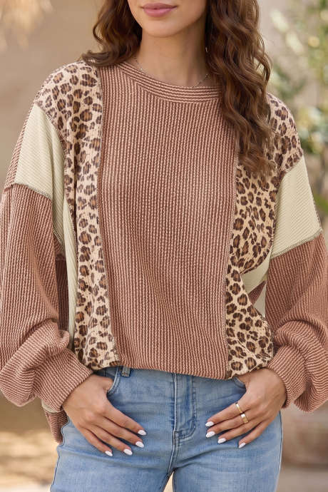 DUNE Bluse mit Leopardenmuster und farblich abgesetztem Rippstrick