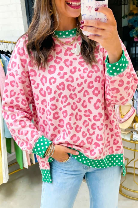 Atasan Lengan Panjang Motif Polkadot Leopard Merah Muda dengan Trim Blok Warna