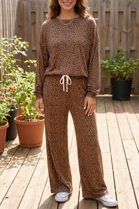 Brunt leopardprint langermet toppbuksesett