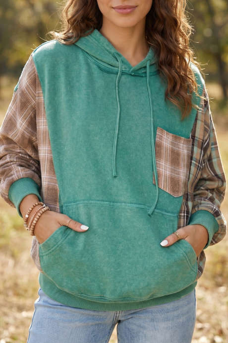 Smoke Green Plaid Sleeve Colorblock Decoration Hoodie