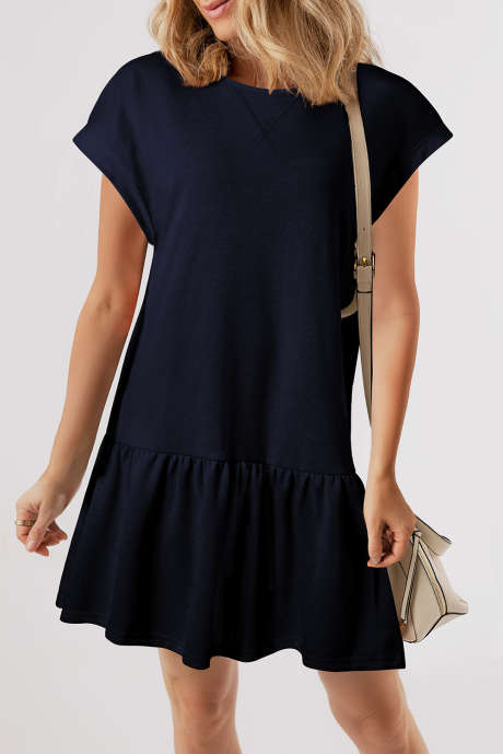 Navy Blue Solid Color Cap Sleeve Ruffle Hem Casual Short Dress LC6125484-P605