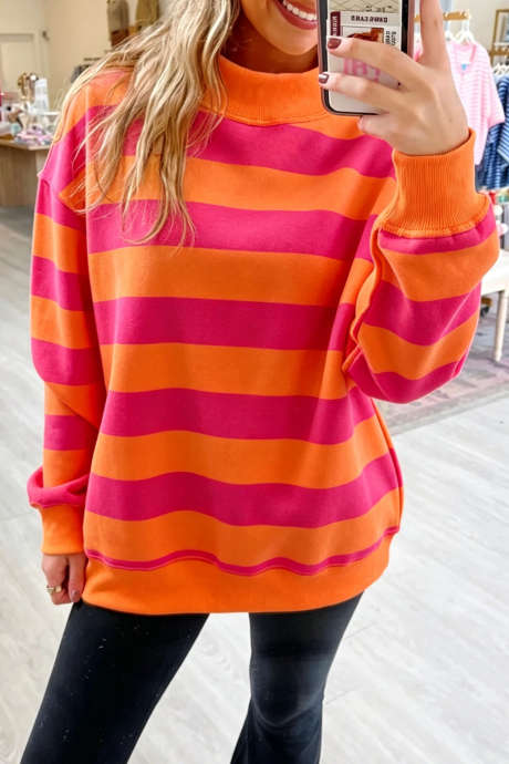 Áo sweatshirt cổ cao dáng rộng phối màu sọc cam