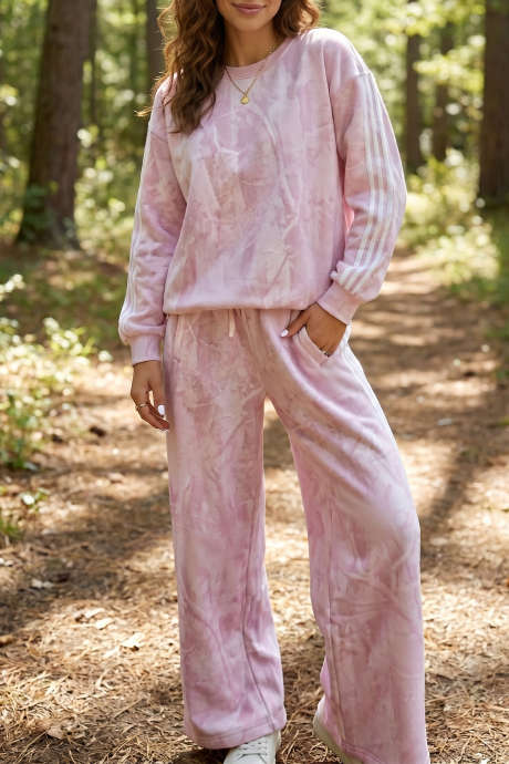 ชุดเสื้อแขนยาวและกางเกงขายาวพิมพ์ลาย Abstract สีชมพู ดีไซน์แถบข้าง
