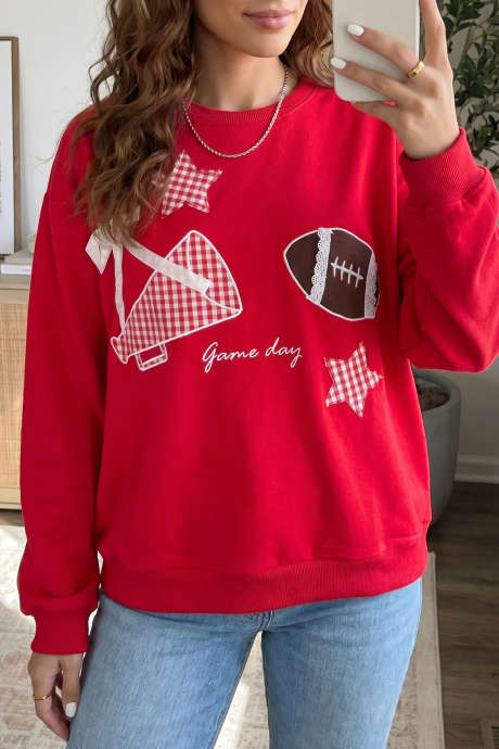 Racing Red Gingham Patch Embroidered Rugby Game Day Stars Sweatshirt