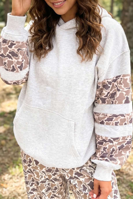 Light Grey Patchwork Camo Long Sleeve Hoodie LC25320710-P1011