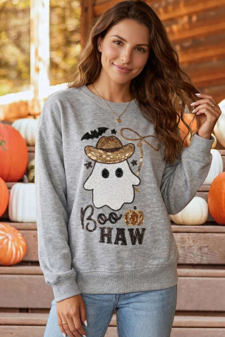 Medium Grey Sequin Western Ghost Print Long Sleeve Round Neck Sweatshirt