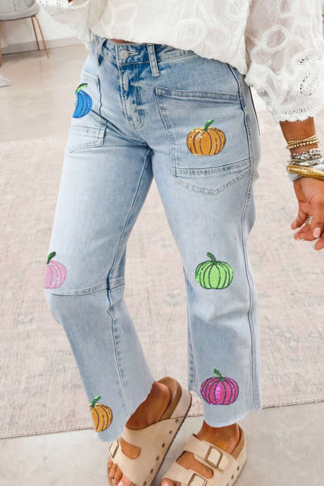 Celana Jeans Kasual Model Shift dengan Motif Labu Berpayet Biru Beau