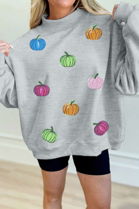 Sweat-shirt ample à col montant et paillettes grises à motif citrouille
