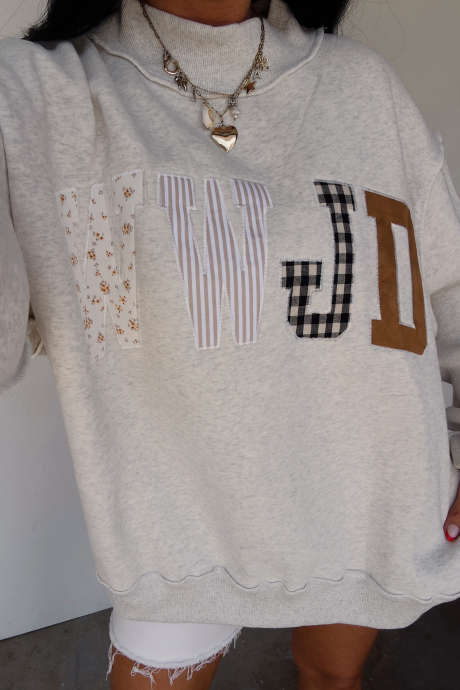 Grå WWJD blandet mønster brodert lapp grafisk imitation hals genser