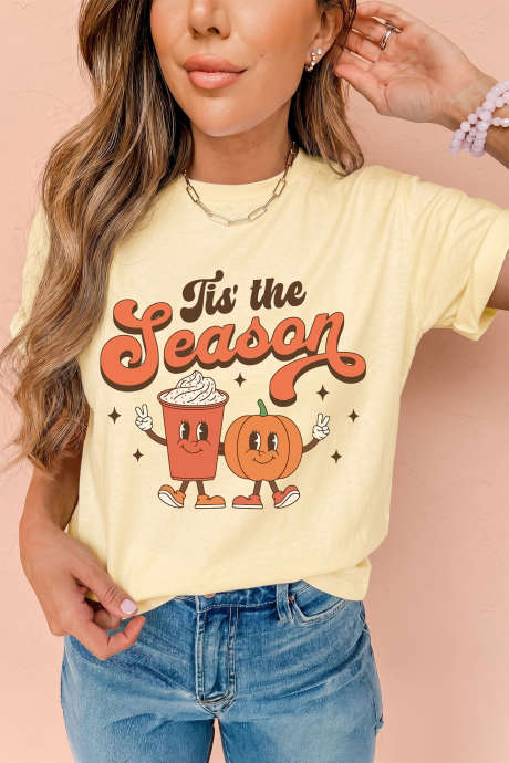 Gelbes Cremefarbenes T-Shirt mit Kürbisgewürz-Latte-Motiv – die Saison steht vor der Tür!