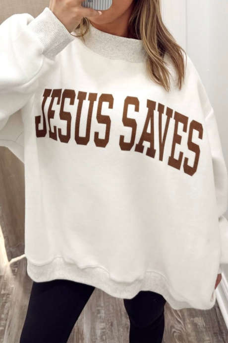 Hellgrauer Pullover mit Stehkragen und christlichem Aufdruck