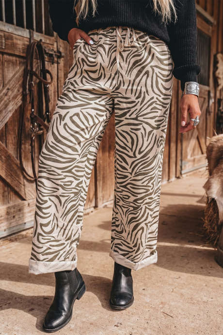 Pantalon long à imprimé zèbre multicolore style western, taille élastique et poches