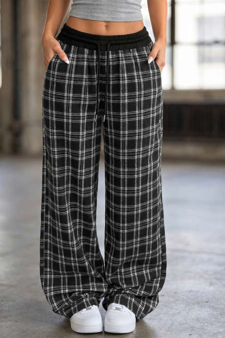 Pantalon à carreaux noirs Frenchy, taille large et cordon de serrage contrastant