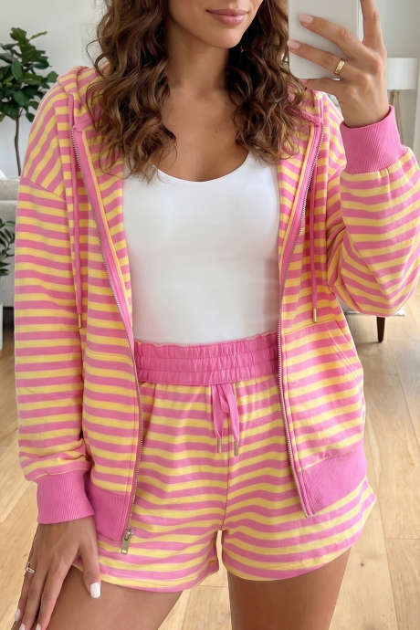 Rosarot gestreifter Langarm-Kapuzenpullover mit Reißverschluss, Kordelzug und elastischem Bund, 2-teiliges Shorts-Set