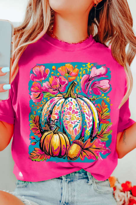 Kaos oblong model kerah bulat dengan motif bunga labu merah mawar, model santai.