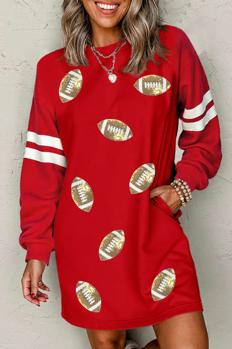 Gaun Sweatshirt Bermotif Rugby Bergaris Merah Menyala dengan Payet di Lengan, Gaya Varsity
