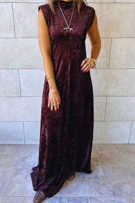 Red Sandalwood Crushed Velvet Sleeveless Mock Neck A-Line Maxi Dress