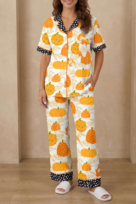 オレンジの半袖パンプキンプリント水玉模様トリムポケットポケット前立てホームウェアラウンジセット