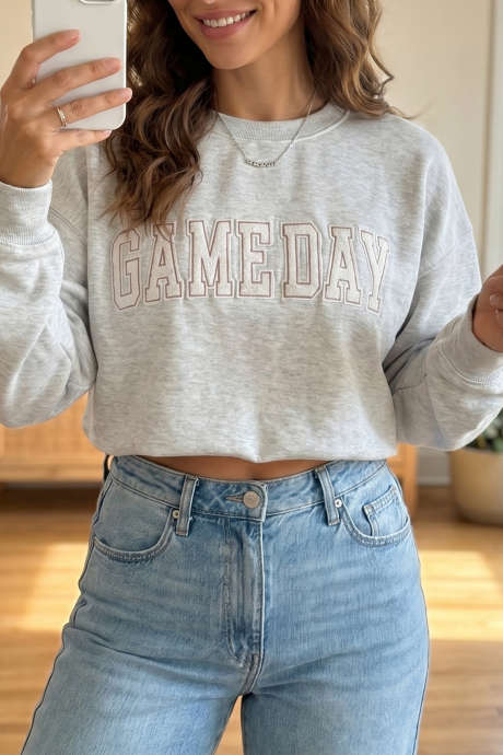 Light Grey Game Day Letter Embroidery Long Sleeve Round Neck Sweatshirt