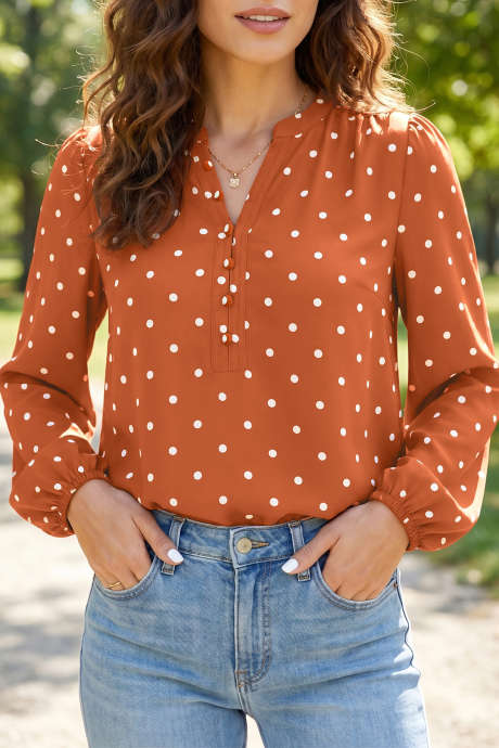 Braune Bluse mit Polka-Dots, halber Knopfleiste, V-Ausschnitt und langen Ärmeln