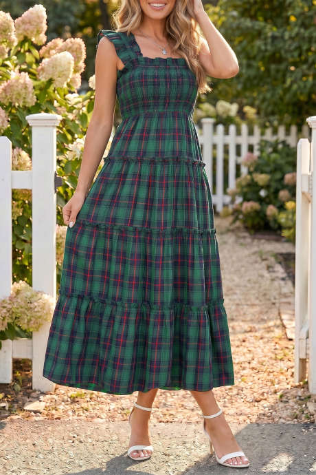 Robe midi à carreaux verts, sans manches, à volants et corsage froncé, LC6130126-P922