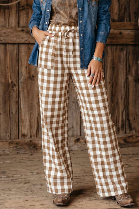Brune rutete bukser med elastisk midje og gingham-mønster