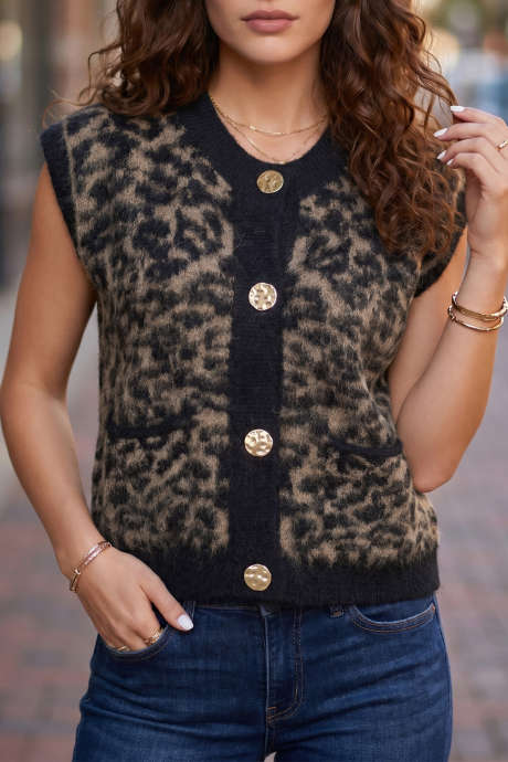 Ärmellose Strickweste mit schwarzem Leopardenmuster (normale Waschung)