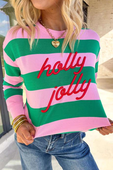 Felpa pullover a righe verdi con scritta "holly jolly" ricamata.