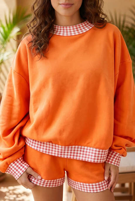 Karottenfarbenes, kariertes Baggy-Pullover-Shorts-Set, 2-teilig, LC629976-P1014