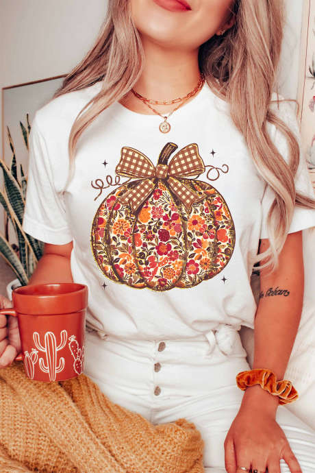 Λευκό T-shirt με φλοράλ κολοκύθα και στρογγυλή λαιμόκοψη, κοντομάνικο LC25232416-1