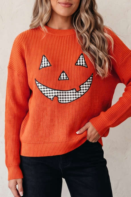 Oranger Halloween-Pullover mit überschnittenen Schultern, langen Ärmeln und Rundhalsausschnitt