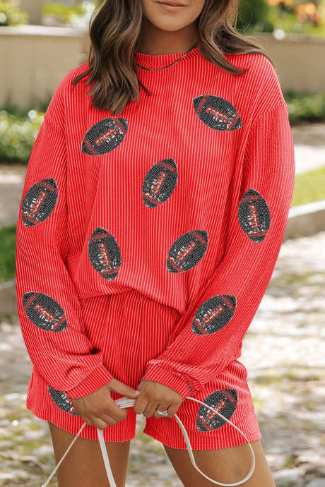 Setelan Atasan Lengan Panjang dan Celana Pendek Santai Motif Rugby Bergaris Berpayet Api Emas LC6210143-P5014