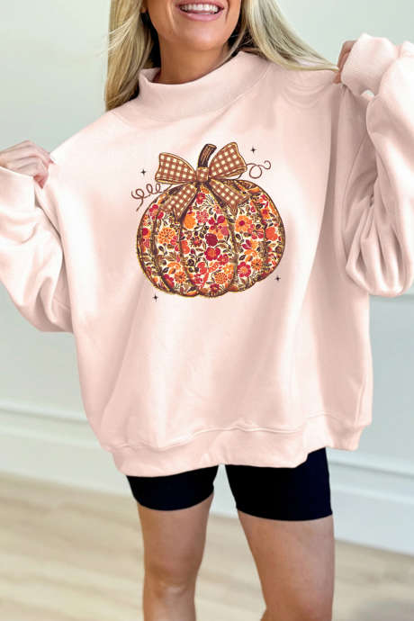 Sweatshirt Oversize Leher Tinggi Motif Labu Bunga Warna Aprikot Pink