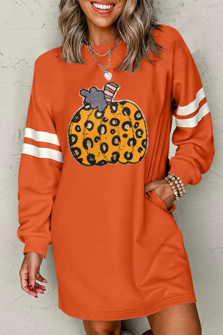 Orangefarbenes Tunikakleid mit Leopardenmuster, Kürbismotiv, Streifen im College-Stil und langen Ärmeln