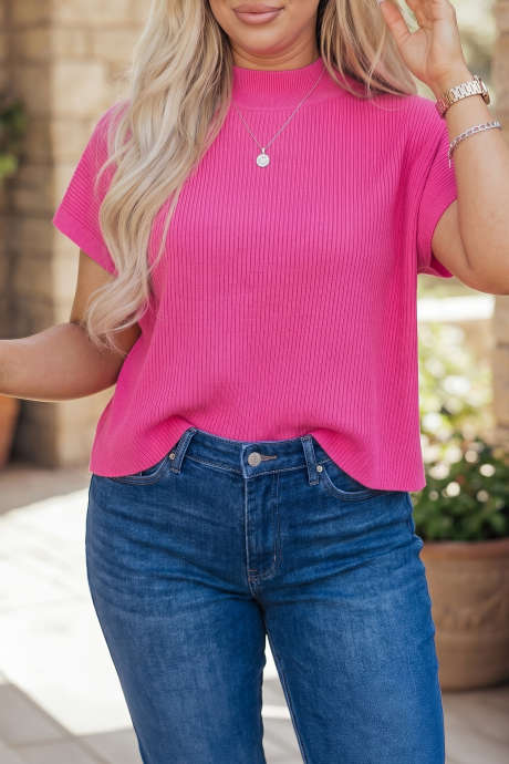 Bright Pink Solid Knit Short Sleeve Stand Neck Tunic Top Plus Size Sweater T-Shirt