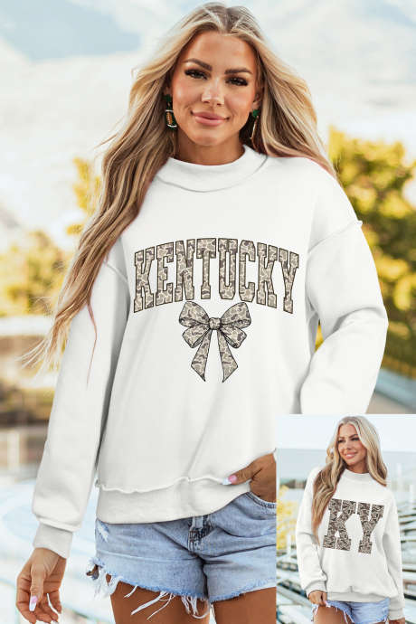 White Camo Letter Bow Printed KENTUCKY Mock Neck Reversible Sweatshirt