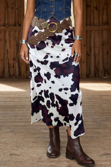 Rok Panjang Western Motif Abstrak Cokelat dengan Resleting Logam di Pinggang, Cocok untuk Pemakaian Sehari-hari