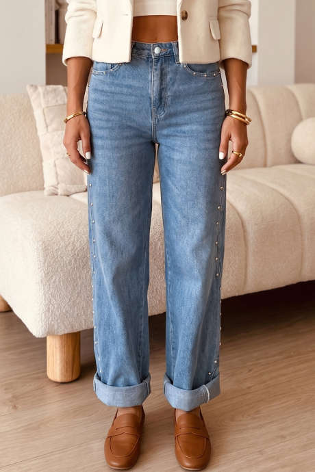 Jean décontracté bleu crépuscule à coutures latérales et rivets, longueur cheville
