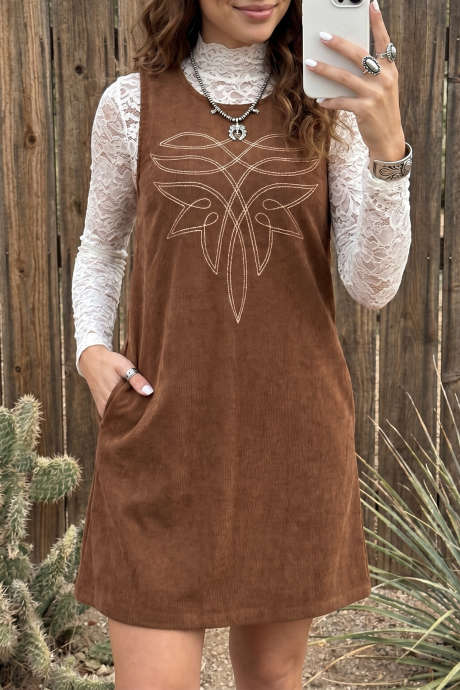 Robe droite sans manches en velours côtelé à broderie géométrique couleur café