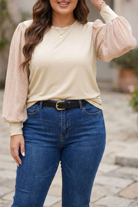 Μπλούζα Plus Size με μακριά μανίκια και στρογγυλή λαιμόκοψη, περγαμηνή και πουά