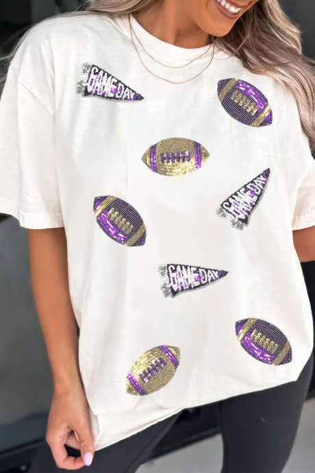 T-shirt à paillettes blanches imprimé football pour les jours de match