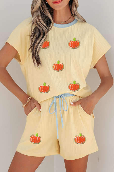 Ensemble short 2 pièces décontracté à côtes douces jaune crème et douces, motif citrouille, LC6210153-P107