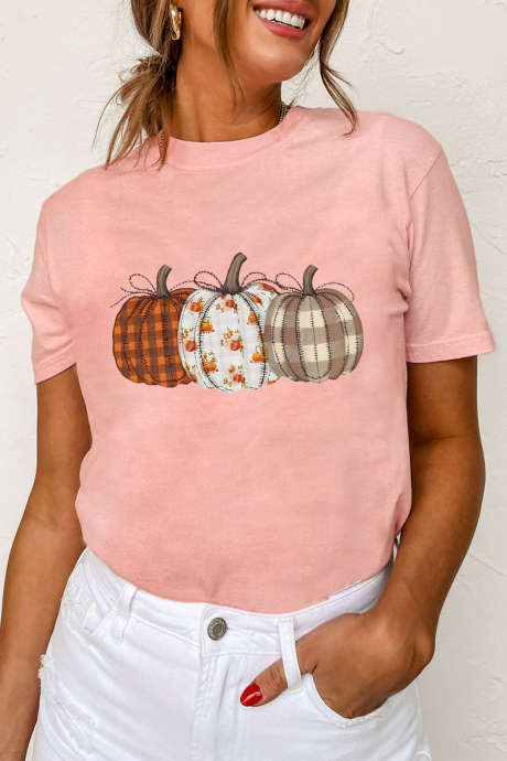 Kaos oblong leher bulat motif labu campuran warna pink