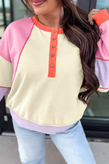 Atasan Pullover Lengan Panjang Patchwork Blok Warna dengan Jahitan Terbuka Aneka Warna