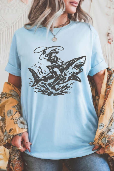 Kaos Koboi Motif Hiu Warna Biru Muda Gaya Barat LC25232425-P4