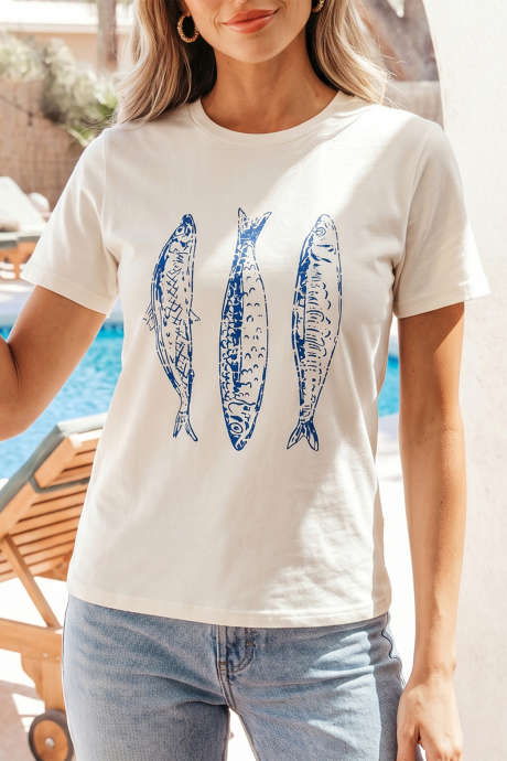 White Fish Print Short Sleeve Round Neck T Shirt LC25231740-P101