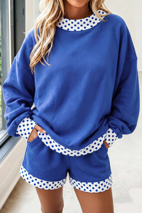 Dunkelblauer Pullover mit Polka-Dots/Gingham-Besatz, 2-teiliges Shorts-Set