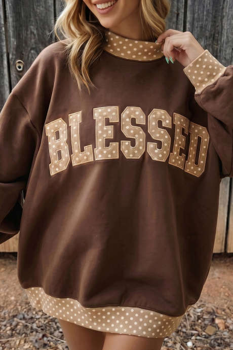 Sweatshirt longgar berkerah tinggi motif kotak-kotak kopi dengan grafis huruf SOUTH/WEST