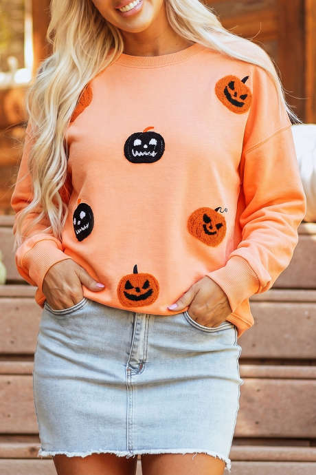 Sweatshirt Bahu Jatuh dengan Bordir Wajah Labu Oranye